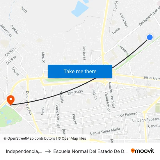 Independencia, 304 to Escuela Normal Del Estado De Durango map