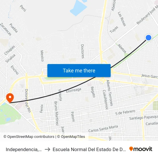 Independencia, 200 to Escuela Normal Del Estado De Durango map