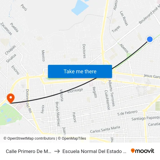 Calle Primero De Mayo, 233 to Escuela Normal Del Estado De Durango map