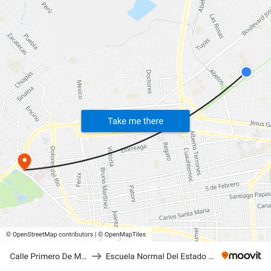 Calle Primero De Mayo, 105 to Escuela Normal Del Estado De Durango map
