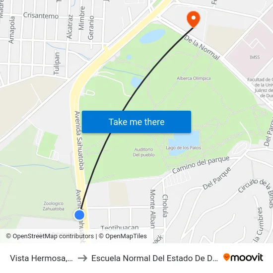 Vista Hermosa, 121 to Escuela Normal Del Estado De Durango map