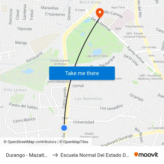 Durango - Mazatlan, 212 to Escuela Normal Del Estado De Durango map