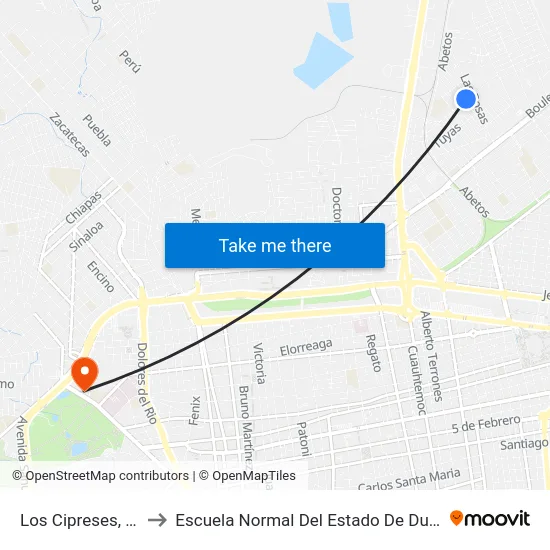 Los Cipreses, 324 to Escuela Normal Del Estado De Durango map
