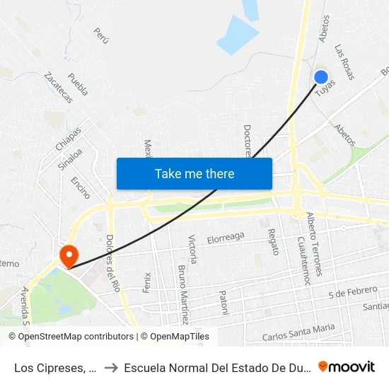 Los Cipreses, 213 to Escuela Normal Del Estado De Durango map