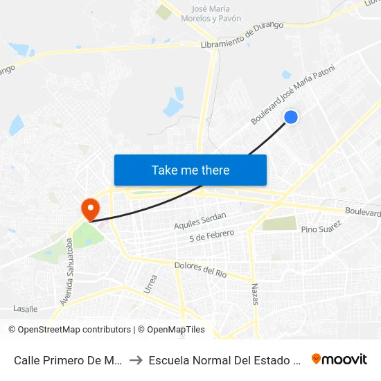 Calle Primero De Mayo, 700 to Escuela Normal Del Estado De Durango map