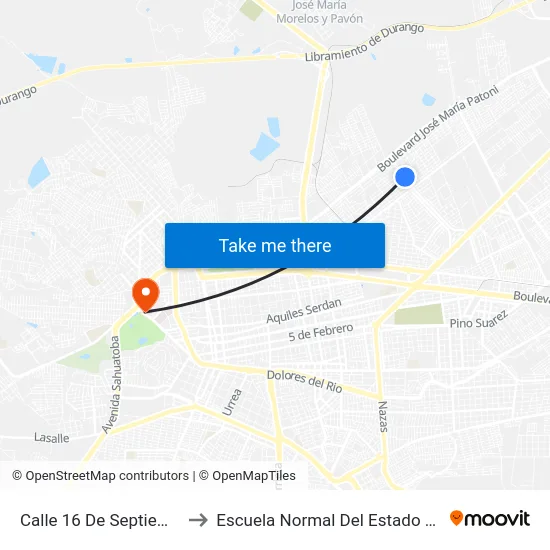 Calle 16 De Septiembre, 102 to Escuela Normal Del Estado De Durango map