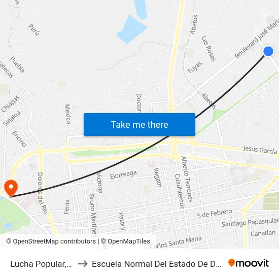 Lucha Popular, 102 to Escuela Normal Del Estado De Durango map