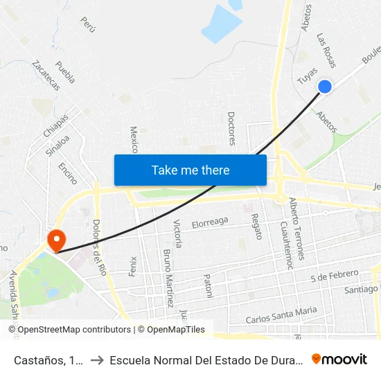Castaños, 114 to Escuela Normal Del Estado De Durango map