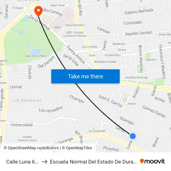 Calle Luna 605 to Escuela Normal Del Estado De Durango map