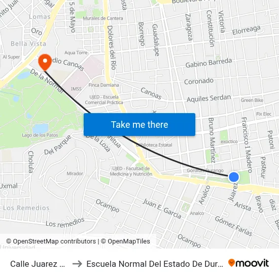 Calle Juarez 520 to Escuela Normal Del Estado De Durango map