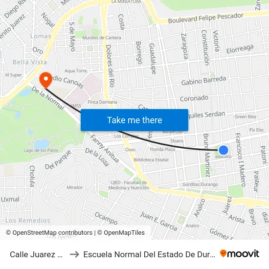 Calle Juarez 313 to Escuela Normal Del Estado De Durango map