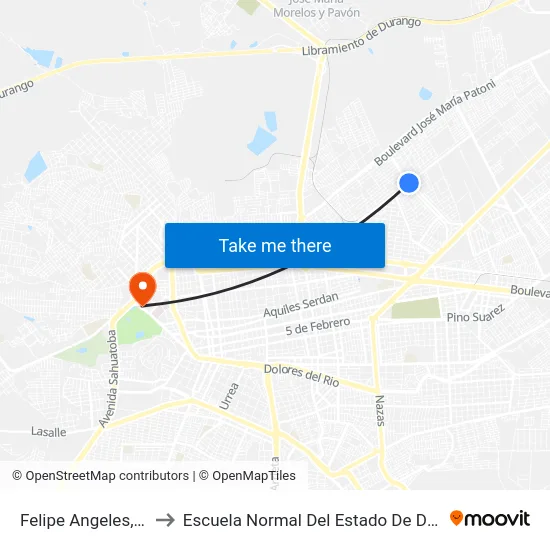 Felipe Angeles, 110 to Escuela Normal Del Estado De Durango map