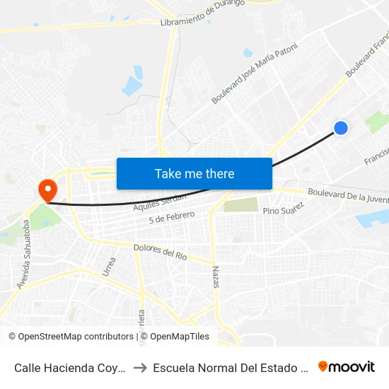 Calle Hacienda Coyotes 427 to Escuela Normal Del Estado De Durango map