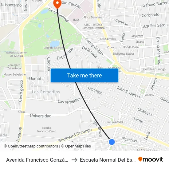 Avenida Francisco González De La Vega 807 to Escuela Normal Del Estado De Durango map