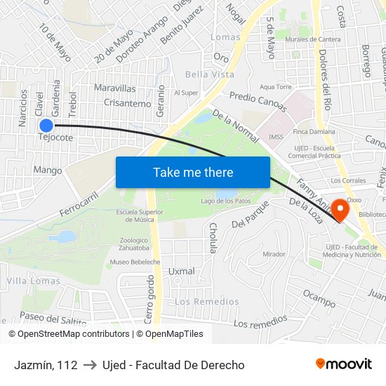 Jazmín, 112 to Ujed - Facultad De Derecho map