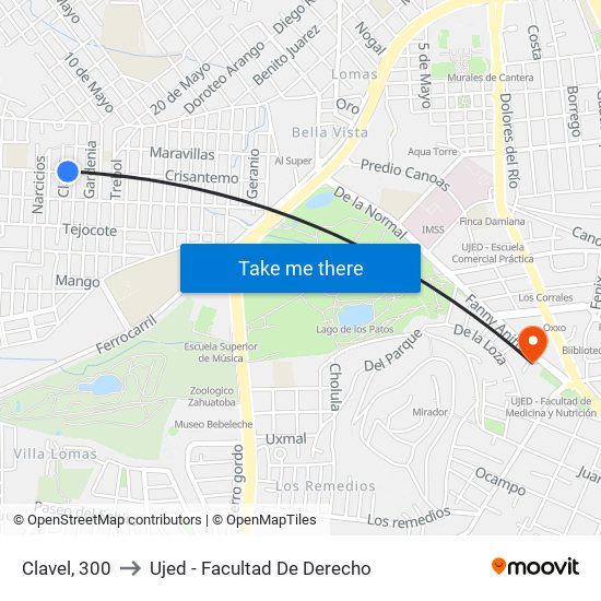 Clavel, 300 to Ujed - Facultad De Derecho map