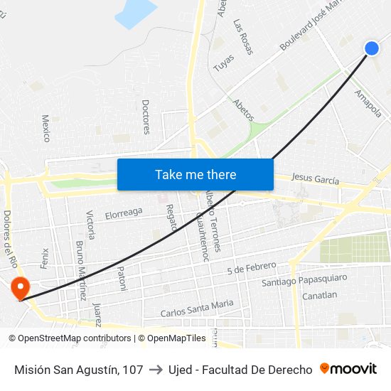 Misión San Agustín, 107 to Ujed - Facultad De Derecho map