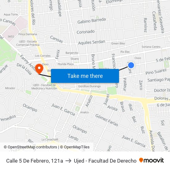 Calle 5 De Febrero, 121a to Ujed - Facultad De Derecho map