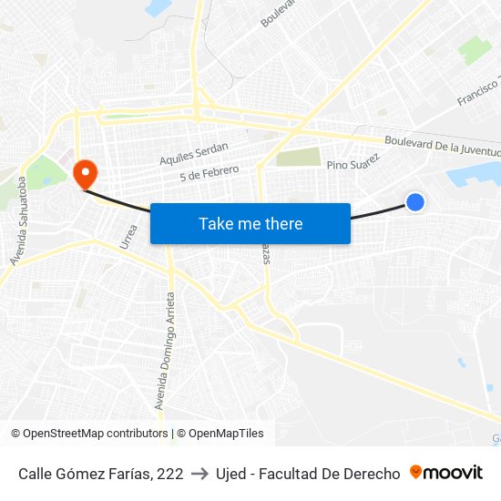 Calle Gómez Farías, 222 to Ujed - Facultad De Derecho map