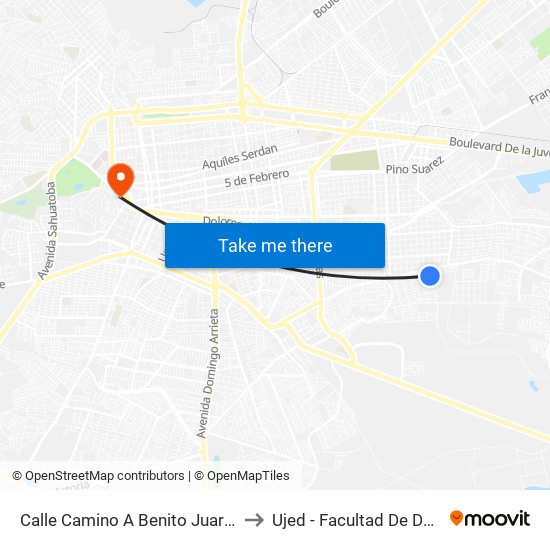 Calle Camino A Benito Juarez, 110 to Ujed - Facultad De Derecho map