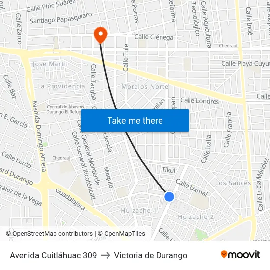 Avenida Cuitláhuac 309 to Victoria de Durango map