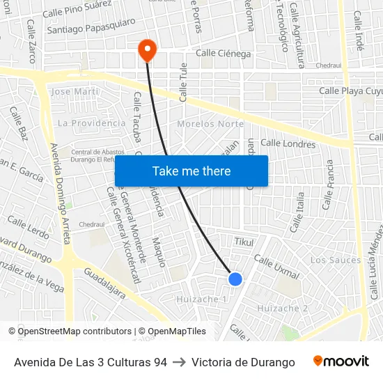 Avenida De Las 3 Culturas 94 to Victoria de Durango map