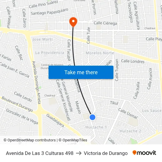 Avenida De Las 3 Culturas 498 to Victoria de Durango map