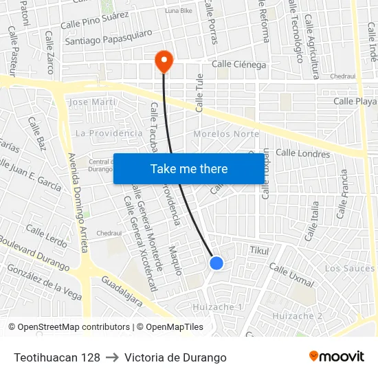 Teotihuacan 128 to Victoria de Durango map