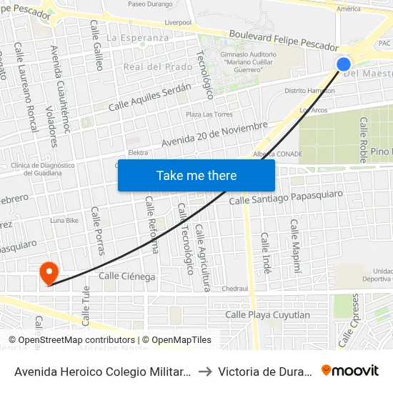 Avenida Heroico Colegio Militar, 116 to Victoria de Durango map