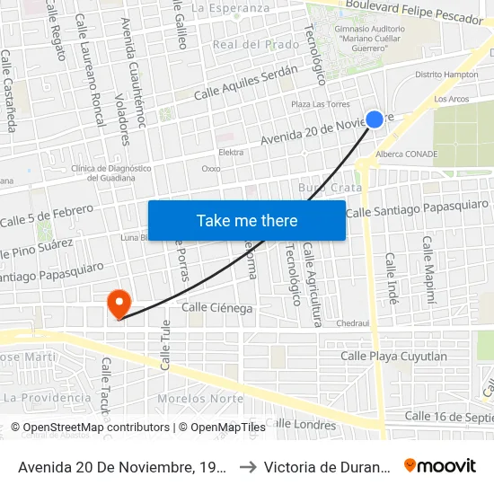 Avenida 20 De Noviembre, 1910 to Victoria de Durango map