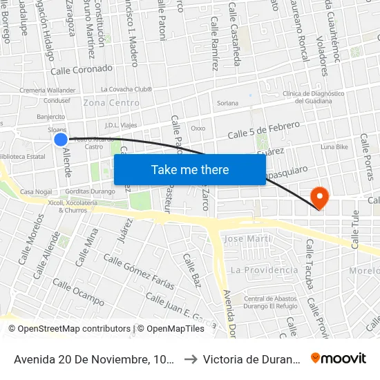 Avenida 20 De Noviembre, 1004 to Victoria de Durango map
