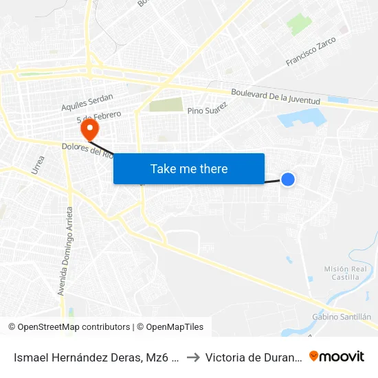 Ismael Hernández Deras, Mz6 Lt3 to Victoria de Durango map