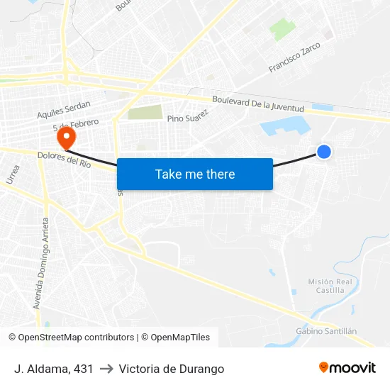J. Aldama, 431 to Victoria de Durango map