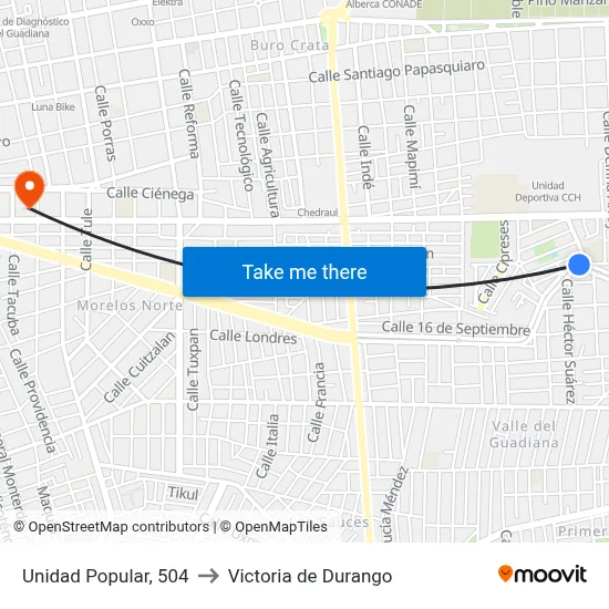Unidad Popular, 504 to Victoria de Durango map