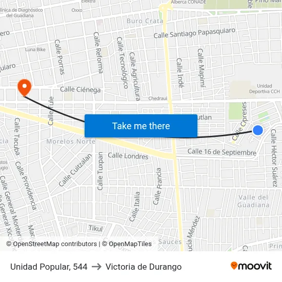 Unidad Popular, 544 to Victoria de Durango map