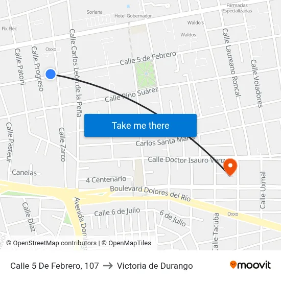 Calle 5 De Febrero, 107 to Victoria de Durango map