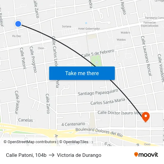 Calle Patoni, 104b to Victoria de Durango map
