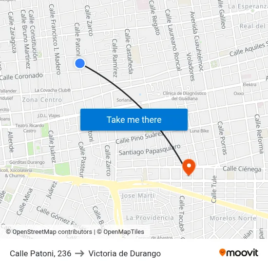 Calle Patoni, 236 to Victoria de Durango map