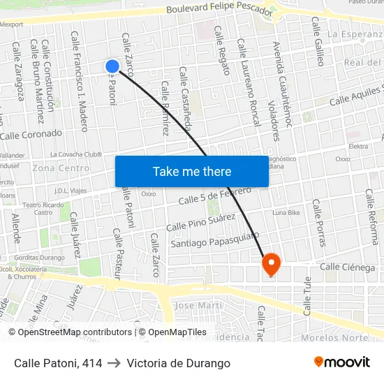 Calle Patoni, 414 to Victoria de Durango map