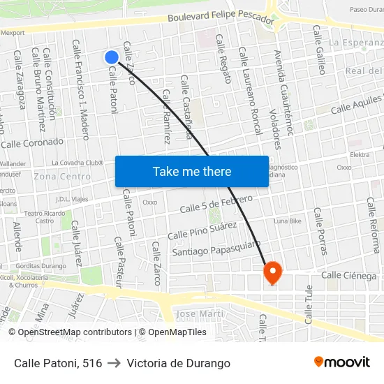 Calle Patoni, 516 to Victoria de Durango map
