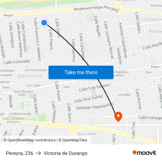 Pereyra, 236 to Victoria de Durango map