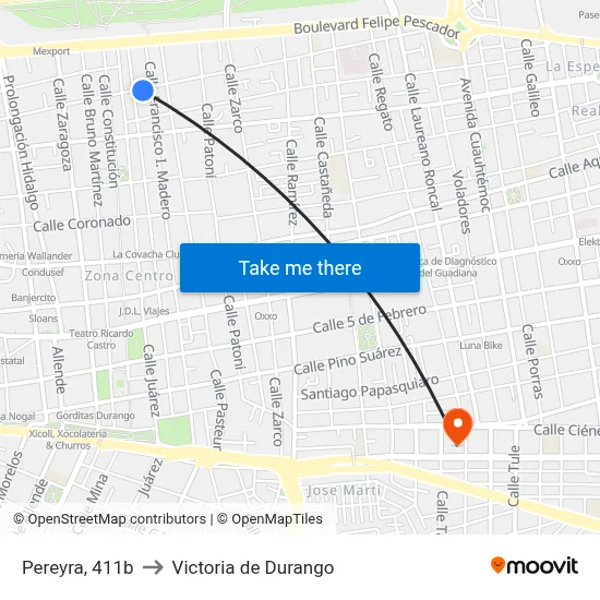 Pereyra, 411b to Victoria de Durango map