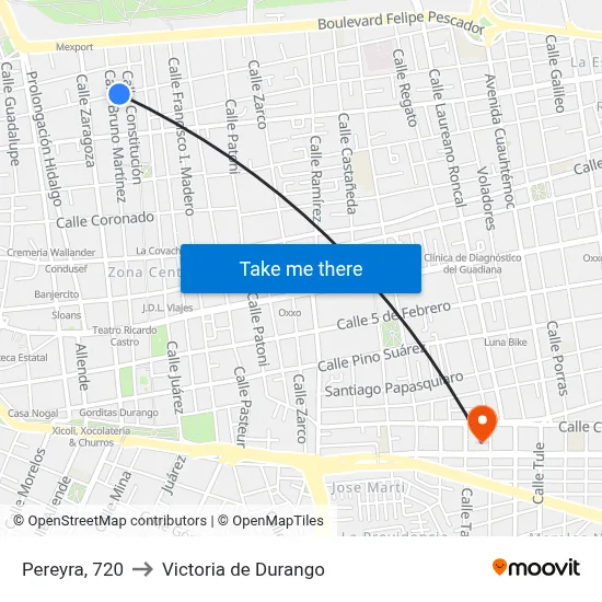 Pereyra, 720 to Victoria de Durango map