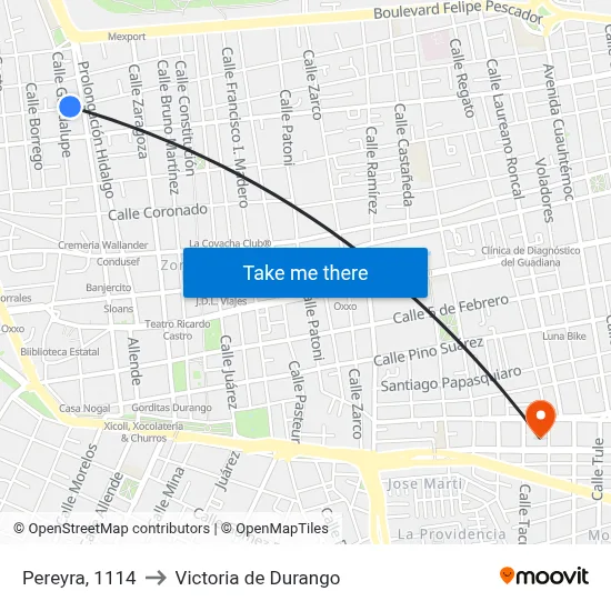 Pereyra, 1114 to Victoria de Durango map