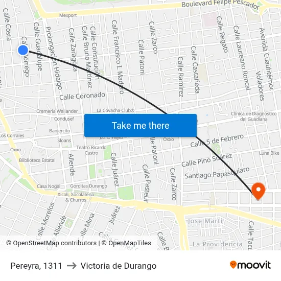 Pereyra, 1311 to Victoria de Durango map