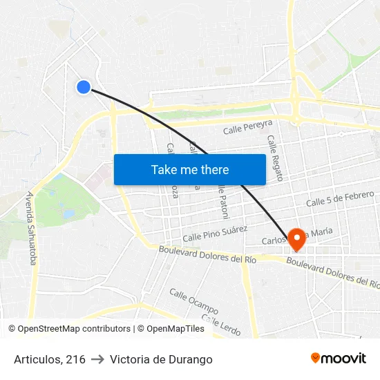 Articulos, 216 to Victoria de Durango map