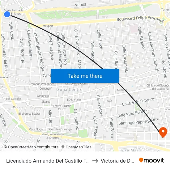 Licenciado Armando Del Castillo Franco, 1271 to Victoria de Durango map