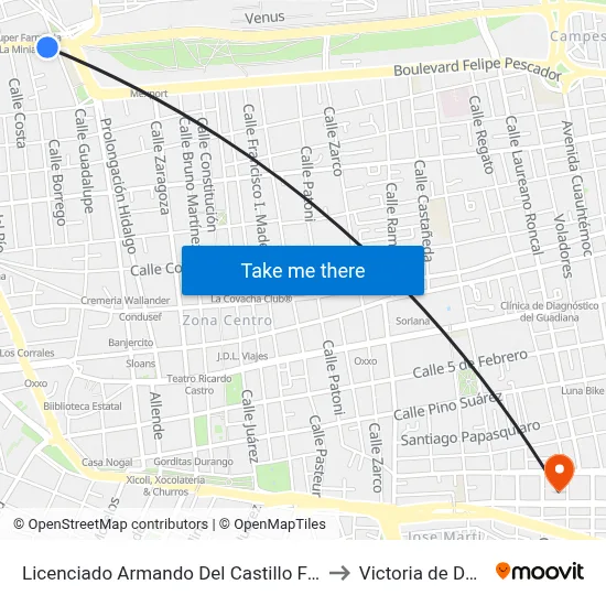 Licenciado Armando Del Castillo Franco, 1207 to Victoria de Durango map
