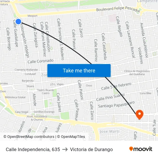 Calle Independencia, 635 to Victoria de Durango map