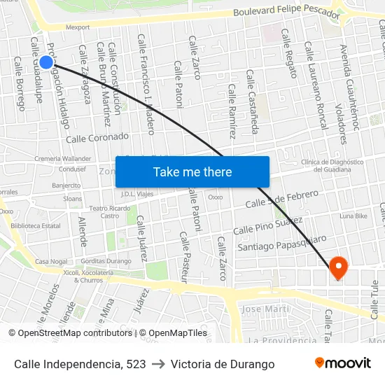 Calle Independencia, 523 to Victoria de Durango map